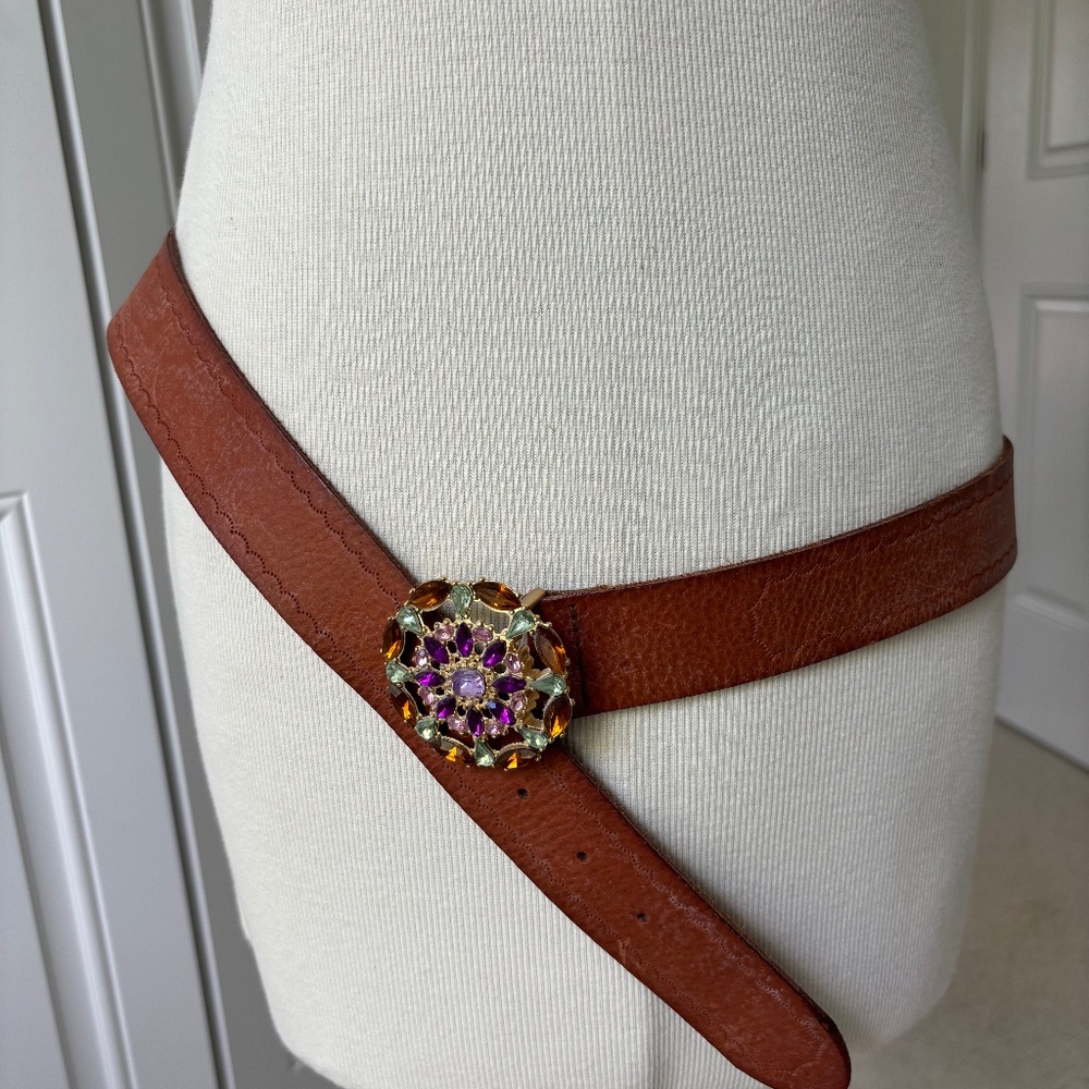 Vintage Fossil Leather Belt w/Faux Gemstone Buckle - Size L